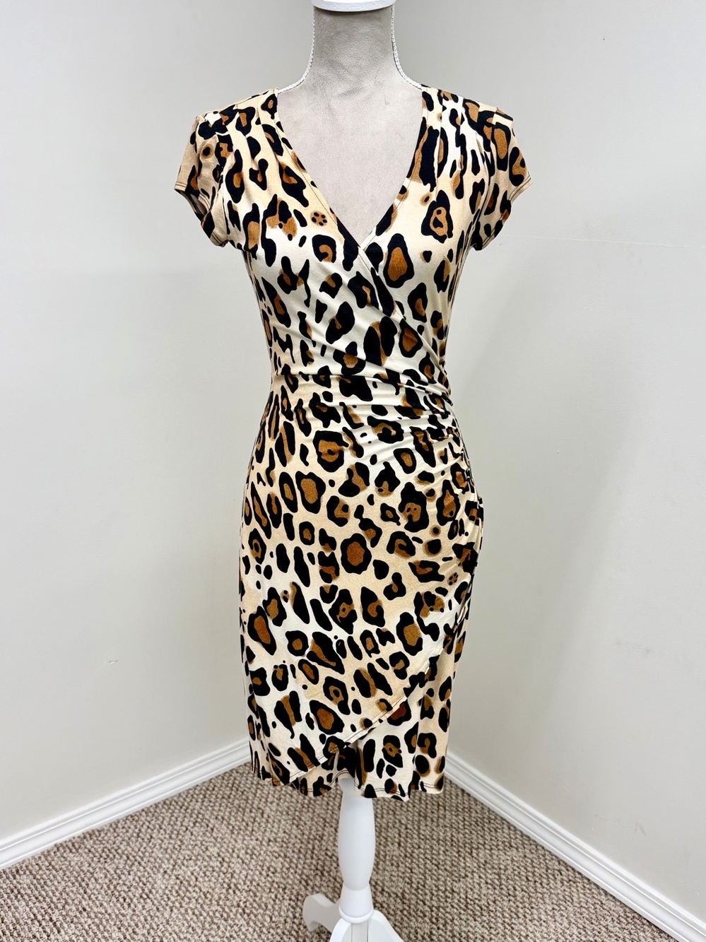 Vintage CACHÉ Leopard Print Dress Size S Ruched Faux Wrap Bodycon Y2K USA Sexy